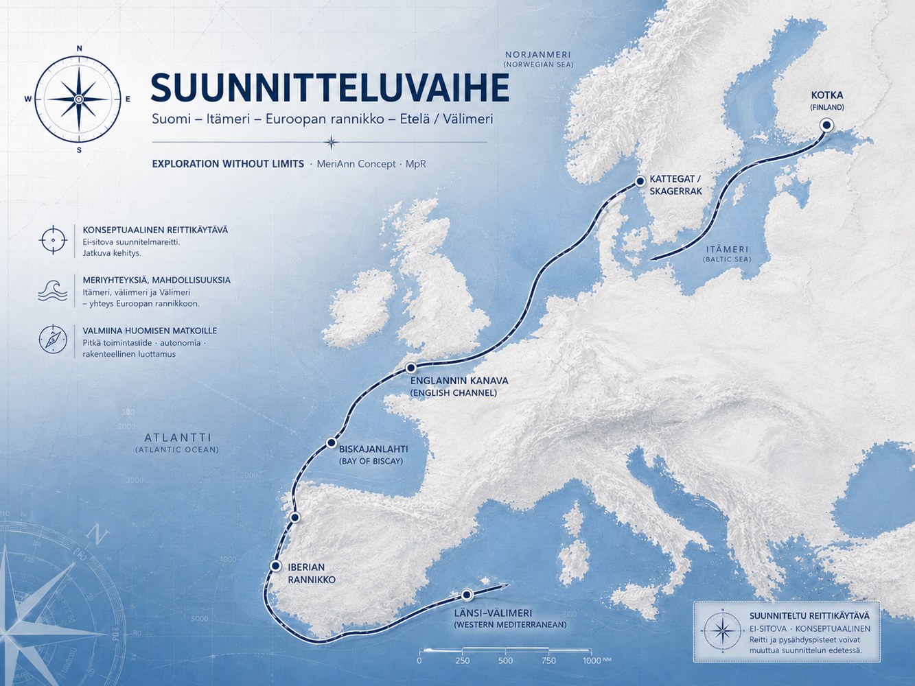 Suunnitteluvaiheen suuntaa-antava MeriAnn-reittikartta
